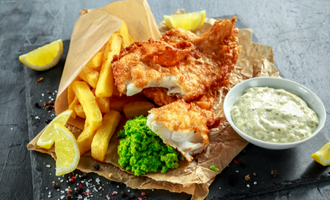 Fish, Chips, Mushy Peas and Tarter Sauce 